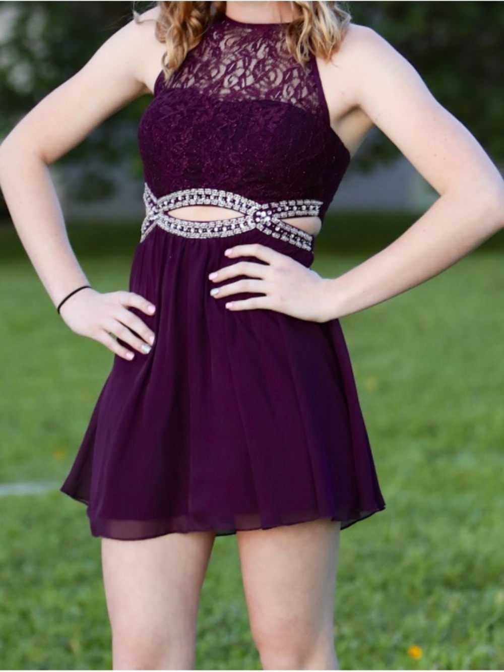 Lace Halter Homecoming/ Semi-Formal Dress in Plum with Embellished Waist